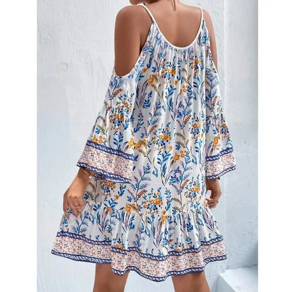 Floral Print Cold Shoulder Tassel Trim Ruffle Hem Dress - Picture 6 of 6